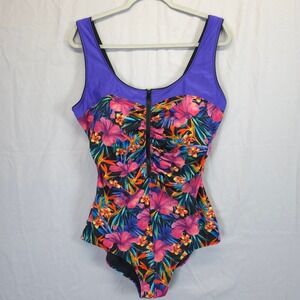 Aquamore One Piece Swimsuit Women 16 Tropical Hibiscus print Floral Zip Front